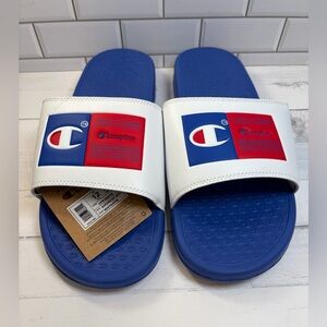 Champion :12 Mens  White Strap Blue Footbed Slides with Red Logo Accents